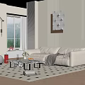 Modern Living Room Interior With Beige Sofa Geometric Rug Coffee Table Window And Wall Art