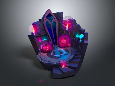 Mystic Altar Scene With Glowing Lanterns Stairs And Purple Architecture 3d model