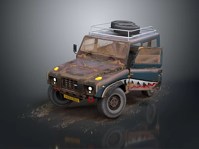 Vintage Off-road Vehicle with Muddy Exterior Shark Teeth Decal and Roof Rack Luggage 3d model
