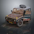 Vintage Off-road Vehicle with Muddy Exterior Shark Teeth Decal and Roof Rack Luggage