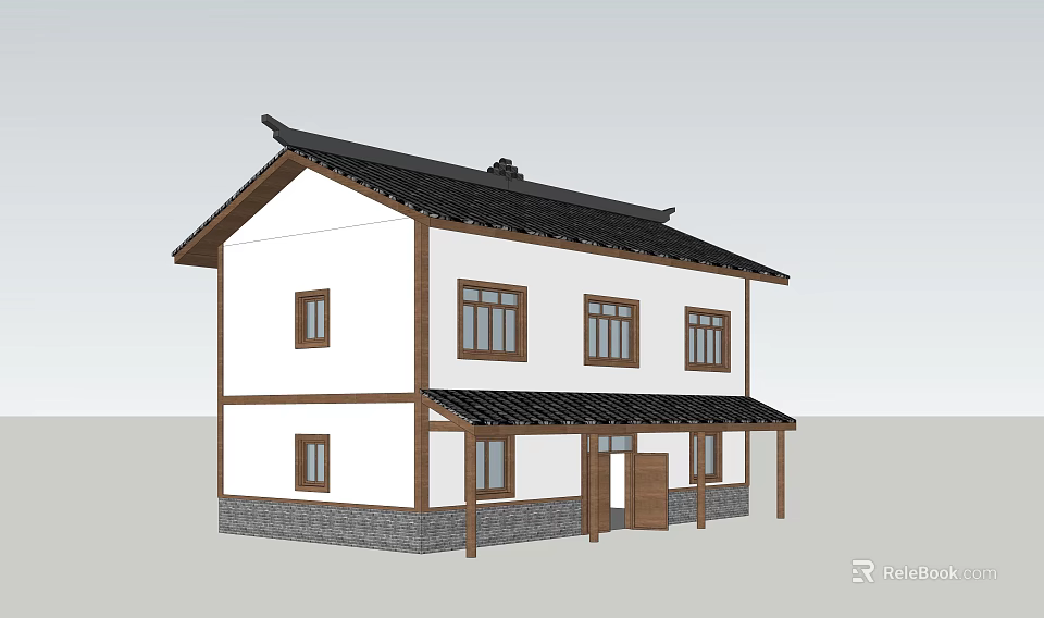 Traditional Rural Self built House With Two story White Walls Black Roof And Wooden Frames 3d model 