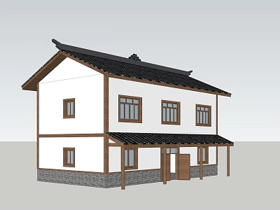 Traditional Rural Self built House With Two story White Walls Black Roof And Wooden Frames 3d model