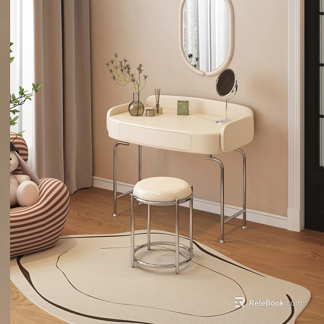 Elegant Cream Dressing Table with Round Mirror Stool and Floral Vase Decor 3d model 