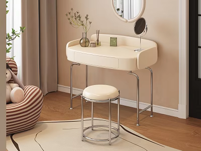 Elegant Cream Dressing Table with Round Mirror Stool and Floral Vase Decor 3d model