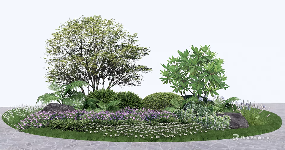 Vibrant Colorful Flowers and Lush Green Shrubs in Natural Garden Landscape with Trees and Stones 3d model 