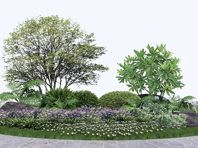 Vibrant Colorful Flowers and Lush Green Shrubs in Natural Garden Landscape with Trees and Stones 3d model