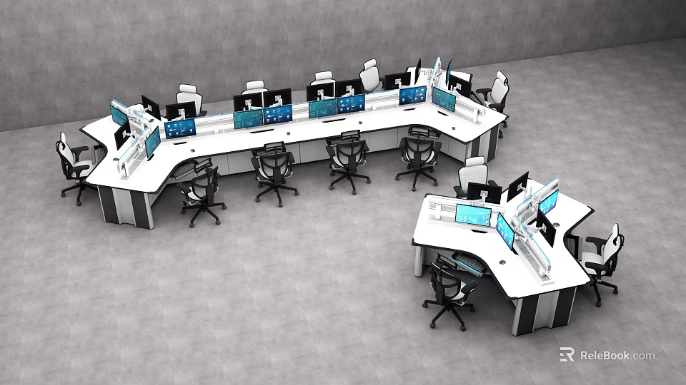 Modular Office Desks With Multiple Monitors And Office Chairs Gray Flooring And Gray Walls 3d model 