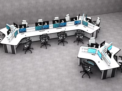 Modular Office Desks With Multiple Monitors And Office Chairs Gray Flooring And Gray Walls 3d model