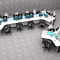 Modular Office Desks With Multiple Monitors And Office Chairs Gray Flooring And Gray Walls