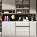 Modern Bookcase Interior with Glass Doors Books Decorative Ornaments Drawers and Green Plant