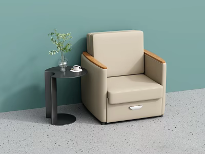 Beige Sofa and Black Coffee Table Set with Wooden Armrests Vase and Coffee Cup 3d model