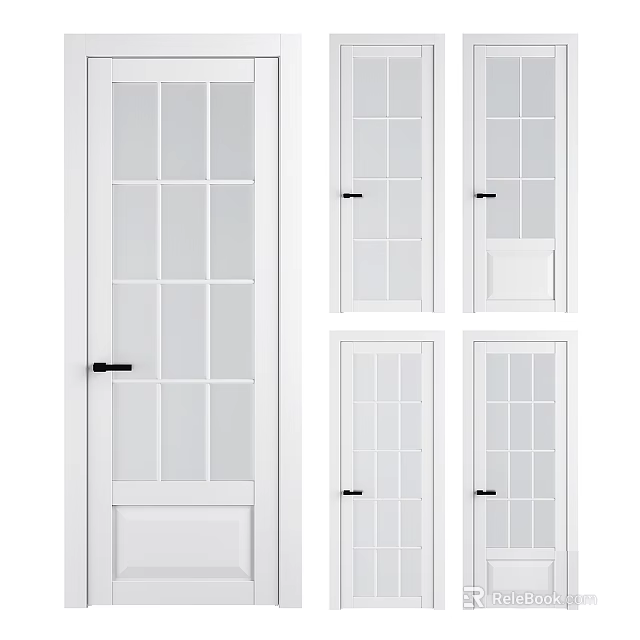 White Hinged Interior Doors With Glass Grid Panes And Modern Design Styles 3d model 