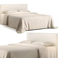 Minimalist Double Bed With Beige Linen Sheets Pillows And Upholstered Headboard 3d model