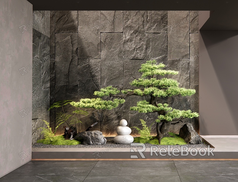 New Chinese-style Pine Stone Landscape Courtyard Setches Stone Landscape Trees Ferns model