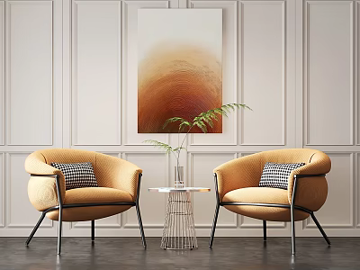 Elegant Yellow Accent Chairs With Plaid Cushions And Metal Side Table In Cozy Living Space 3d model