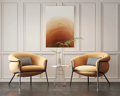 Elegant Yellow Accent Chairs With Plaid Cushions And Metal Side Table In Cozy Living Space 3d model
