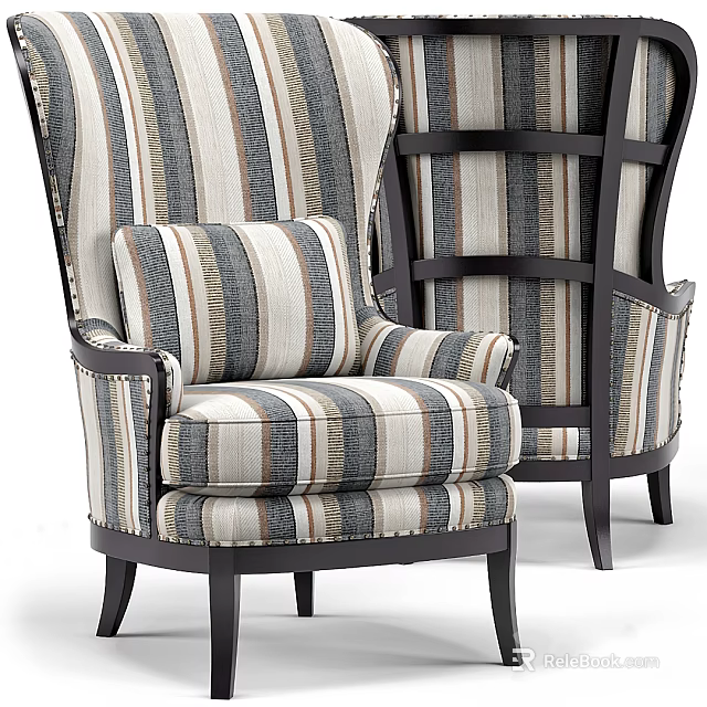 Single Sofa with Striped Upholstery Wooden Frame and Comfortable Decorative Cushion 3d model 