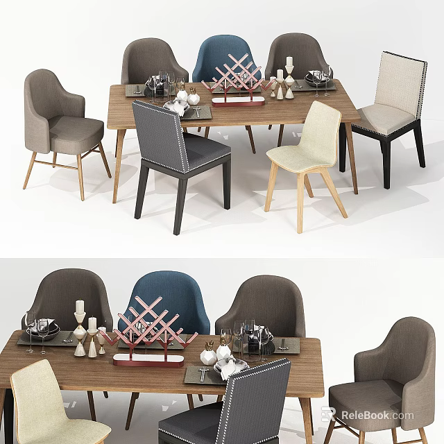 Modern Wooden Dining Table And Chair Set With Different Colored Chairs And Tableware 3d model
