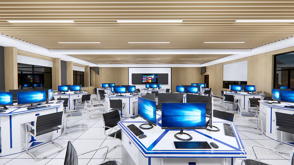 School Modern Computer Classroom With Multiple Computers Neat Desks Wooden Ceiling And Large Screen 3d model 