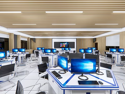 School Modern Computer Classroom With Multiple Computers Neat Desks Wooden Ceiling And Large Screen 3d model