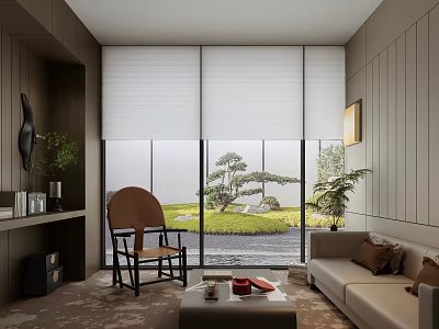 Cozy Modern Hotel Public Lounge Area With Sofa Chair Large Windows And Garden View 3d model