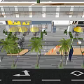 Modern Commercial Building Exterior With Glass Curtain Wall Palm Trees Outdoor Seating And Yellow Umbrellas