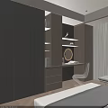 Modern Minimalist Desk Interior With Round Mirror Bookshelves And Green Chair
