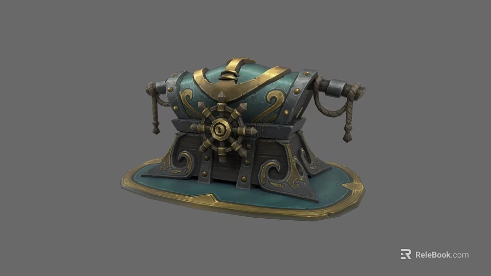 Ornate Sculpted Chest With Teal Gold Accents And Curved Decorative Patterns 3d model 