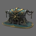 Ornate Sculpted Chest With Teal Gold Accents And Curved Decorative Patterns
