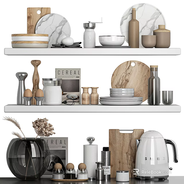 Modern Kitchen Shelves With Organized Kitchenware Cereal Containers Bowls Plates Cutting Boards And Jars 3d model 