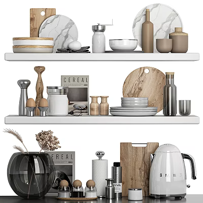 Modern Kitchen Shelves With Organized Kitchenware Cereal Containers Bowls Plates Cutting Boards And Jars 3d model