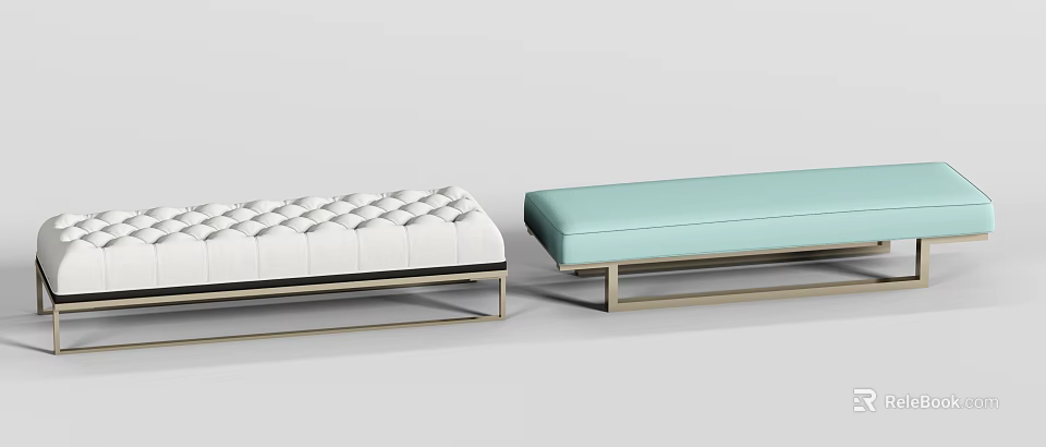 Modern White And Light Blue Tufted Ottomans With Metal Frame For Home Decor 3d model 