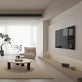 Modern Minimalist Living Room With Beige Sofa Round Coffee Table Floor Plant And Floor-to-Ceiling Windows