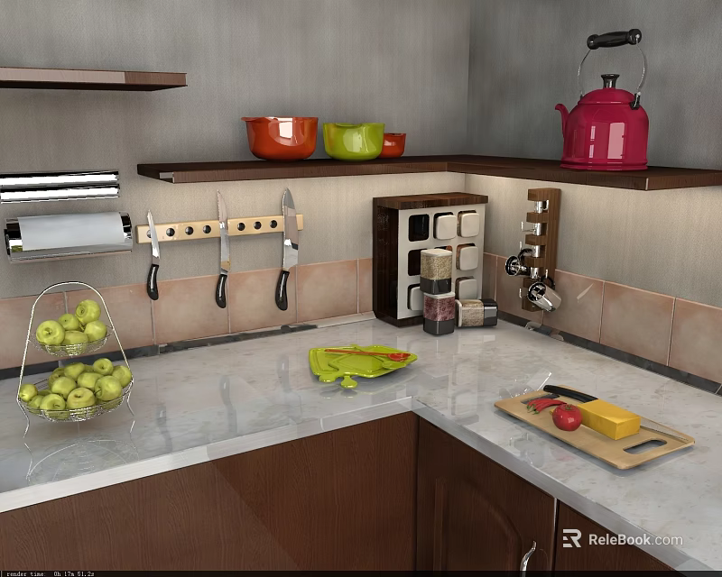 Practical Kitchenware Setup With Bowls Teapot Knife Block Spice Rack And Cutting Board 3d model 