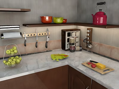 Practical Kitchenware Setup With Bowls Teapot Knife Block Spice Rack And Cutting Board 3d model