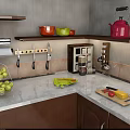 Practical Kitchenware Setup With Bowls Teapot Knife Block Spice Rack And Cutting Board