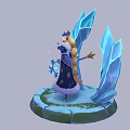 Magical Character In Blue Gold Clothing Standing With Ice Elemental Creature Blue Crystal Structure Holding Staff