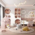 Kids Room Interior With Play Tent Stuffed Toys Crib Round Shelves And Cloud Decorations