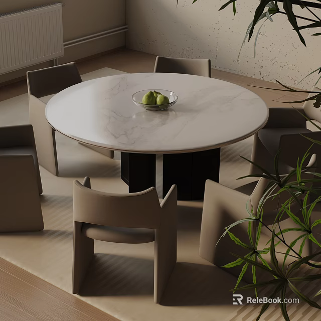 Modern Round Dining Table Set With Marble Top Beige Chairs Fruit Bowl And Green Plant 3d model 