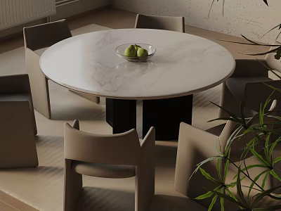 Modern Round Dining Table Set With Marble Top Beige Chairs Fruit Bowl And Green Plant 3d model