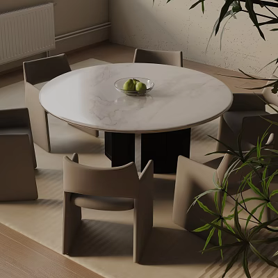 Modern Round Dining Table Set With Marble Top Beige Chairs Fruit Bowl And Green Plant 3d model