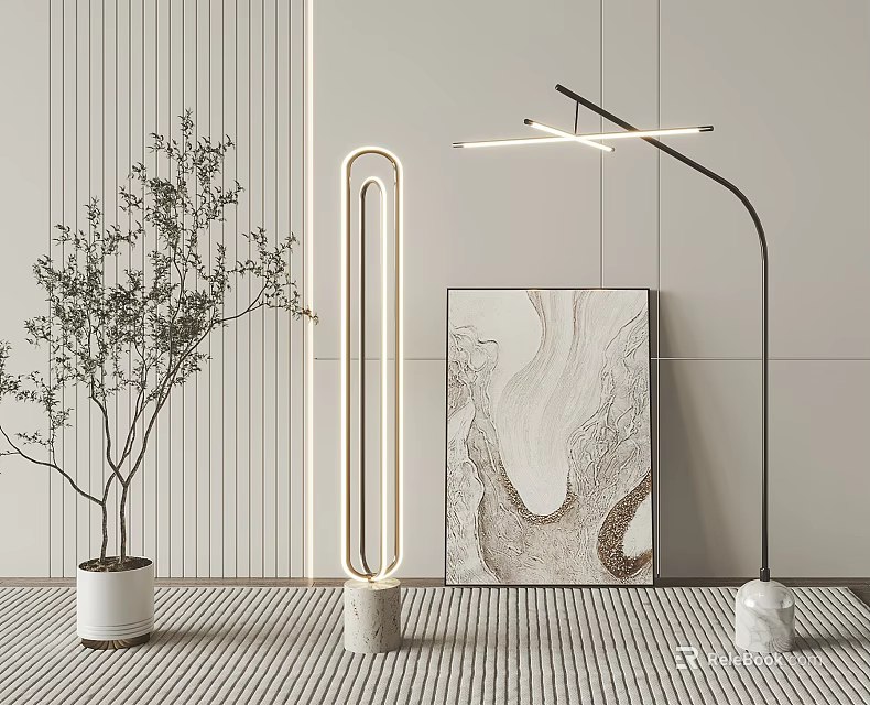 Modern Floor Lamps In Minimalist Interior With Plant And Artwork 3d model 