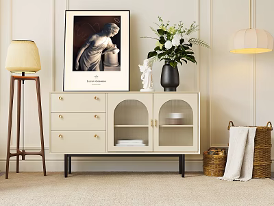 Elegant Modern Light Colored Console Table With Glass Doors Drawers And Flower Vase 3d model