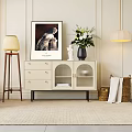 Elegant Modern Light Colored Console Table With Glass Doors Drawers And Flower Vase