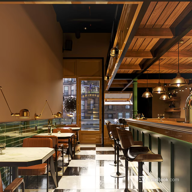 Stylish Bar Interior Design With Wooden Ceiling Pendant Lights Bar Counter And Tables 3d model 