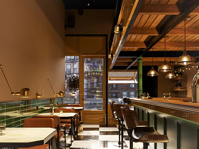 Stylish Bar Interior Design With Wooden Ceiling Pendant Lights Bar Counter And Tables 3d model