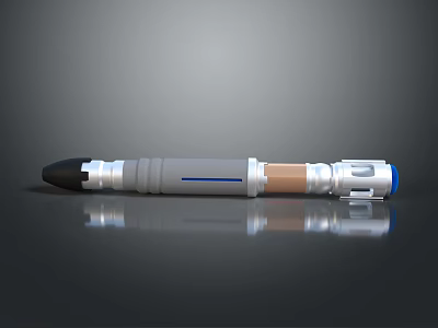 Lightsaber Weapon with Gray Silver Brown Blue Cylindrical Design on Smooth Black Surface with Reflection 3d model