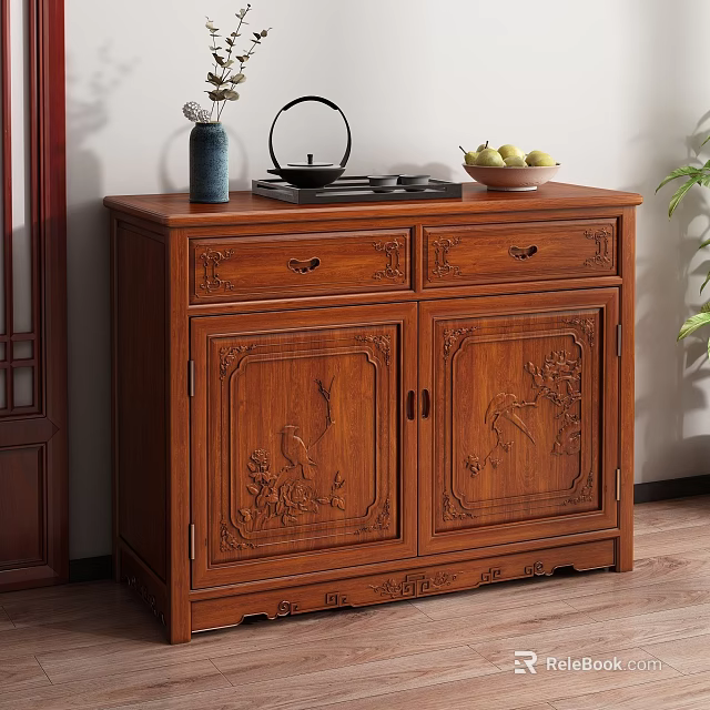 Solid Wood Carved Sideboard With Drawers Cabinet And Decorative Items On Top 3d model 