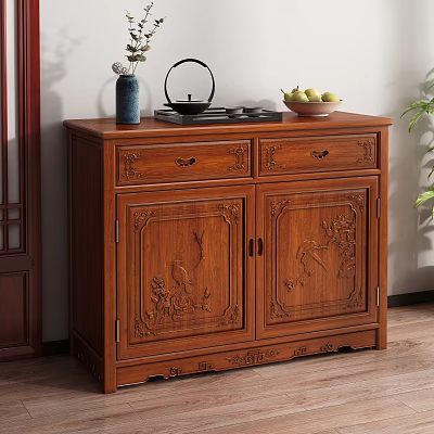 Solid Wood Carved Sideboard With Drawers Cabinet And Decorative Items On Top 3d model