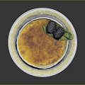 Creamy Creme Brulee With Caramelized Top Blackberries And Mint Leaf On Patterned Plate